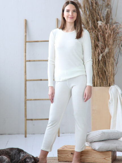 dviejų dalių pižama moterims iš merino vilnos baltos spalvos