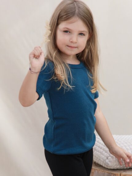 Apatiniai marškinėliai vaikams trumpomis rankovėmis iš merino vilnos – mėlyni
