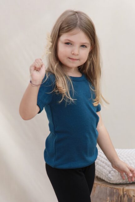 Apatiniai marškinėliai vaikams trumpomis rankovėmis iš merino vilnos – mėlyni