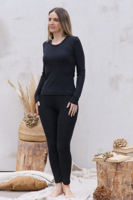 merino vilnos apatiniai moterims marškinėliai juodos spalvos ilgų rankovių