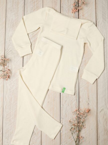 Merino vilnos apatiniai rūbai vaikams, baltos spalvos, golfiukas ir timpos