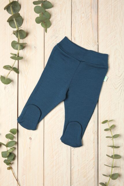 Merino vilnos kelnytės naujagimiui su pėdutėmis iš 100% merino vilnos mėlynos