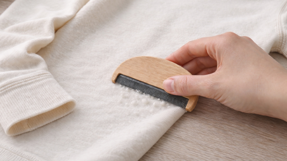 Merino vilnos drabužio burbuliukai vietoje, kur daug trinties