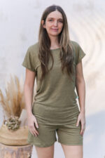 moteriška pižama iš lino žalios spalvos